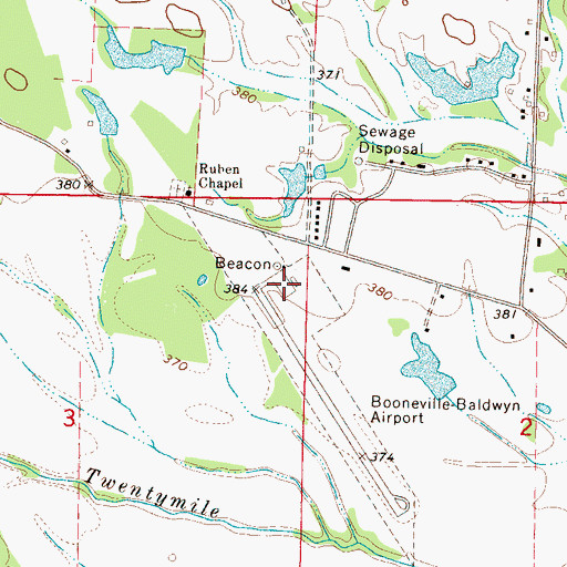 Topographic Map of Booneville/Baldwyn Airport, MS