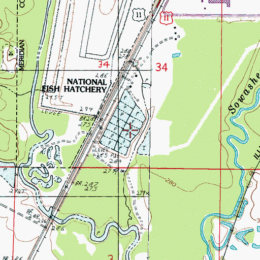 Topographic Map of National Fish Hatchery Ponds Dam, MS