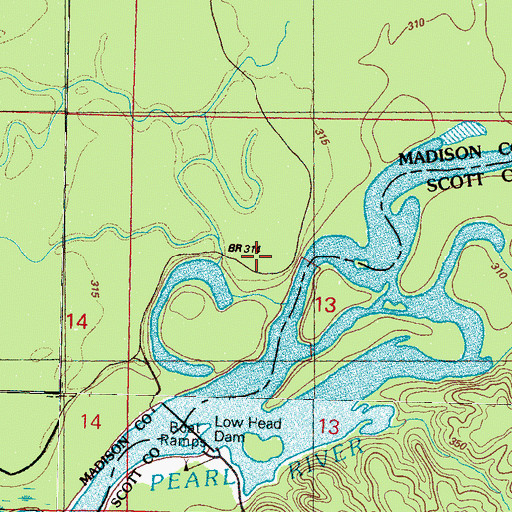 Topographic Map of Ross Barnett Reservoir Lower Dam, MS