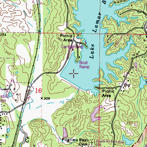 Topographic Map of Lake Lamar Bruce Dam, MS