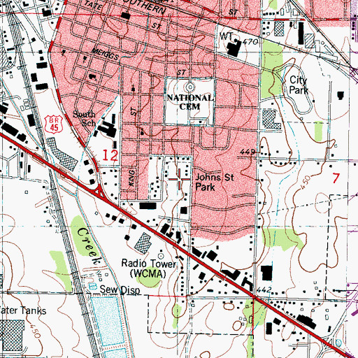 Topographic Map of Johns Street Park, MS