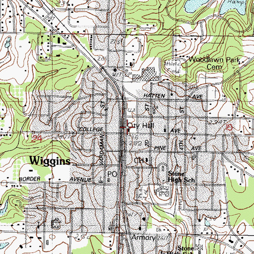 Topographic Map of Wiggins City Hall, MS