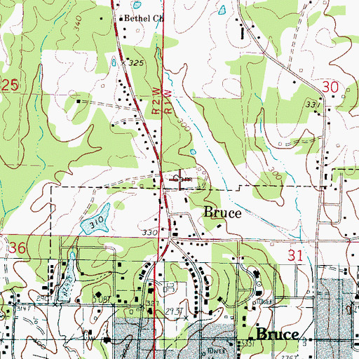 Topographic Map of Bruce Cemetery, MS