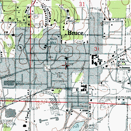 Topographic Map of Bruce United Methodist Church, MS