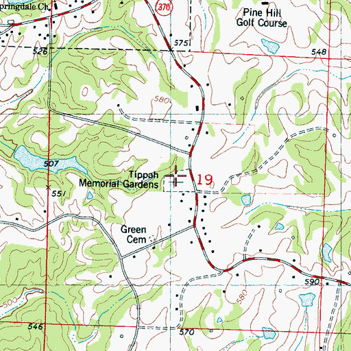 Topographic Map of Tippah Memorial Gardens, MS