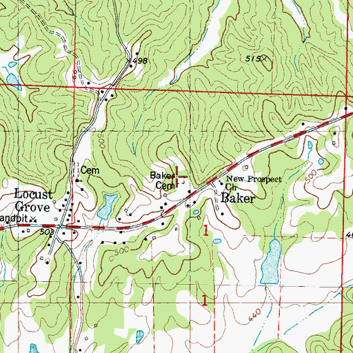 Topographic Map of Baker Cemetery, MS