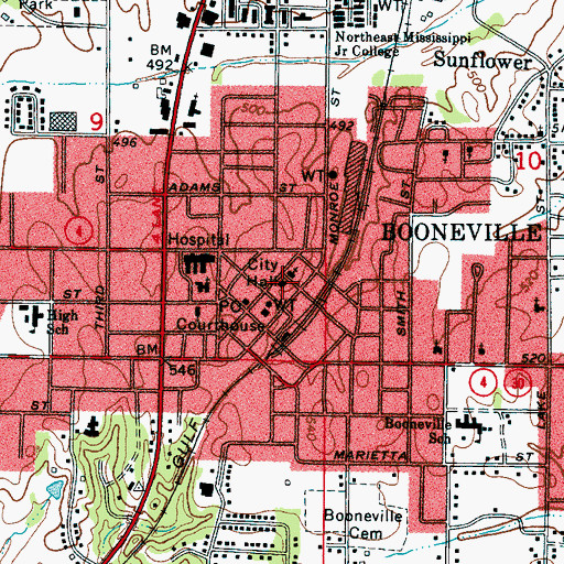 Topographic Map of Booneville City Hall, MS