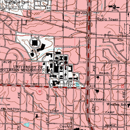 Topographic Map of University of Southern Mississippi Danforth Chapel, MS
