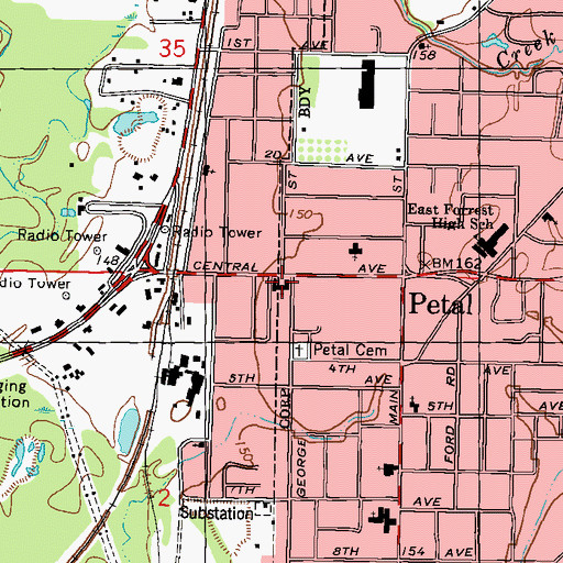 Topographic Map of First Baptist Church of Petal, MS