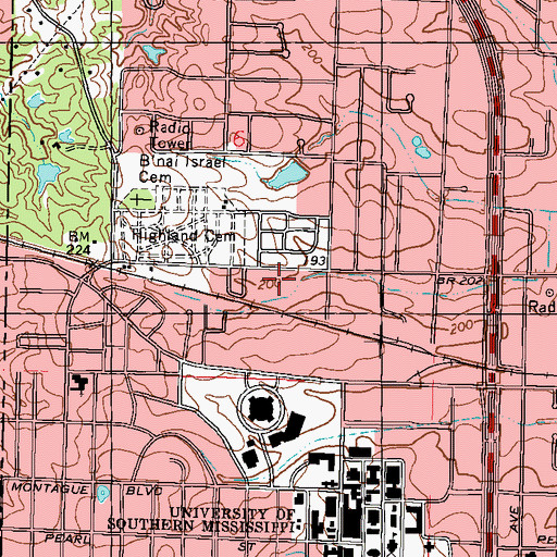 Topographic Map of Highland Park Baptist Church, MS