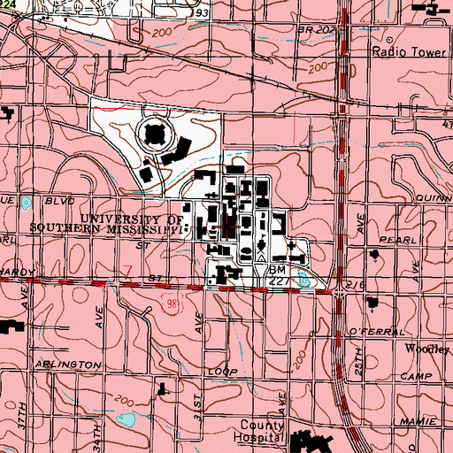 Topographic Map of University of Southern Mississippi Joseph Cook Library, MS