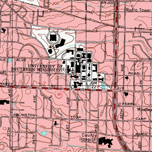 Topographic Map of University of Southern Mississippi McCain Library and Archives, MS