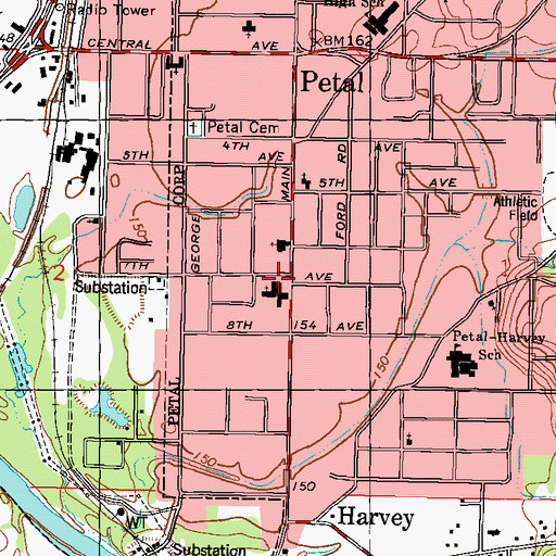 Topographic Map of Petal-Harvey Baptist Church, MS