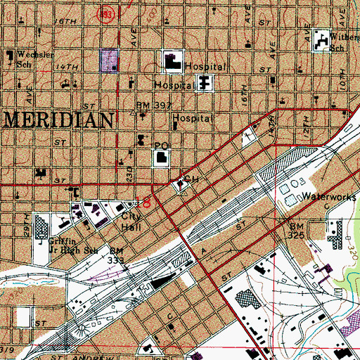 Topographic Map of Lauderdale County Courthouse, MS