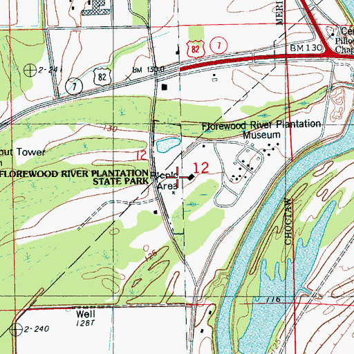 Topographic Map of Florewood River Plantation State Park, MS