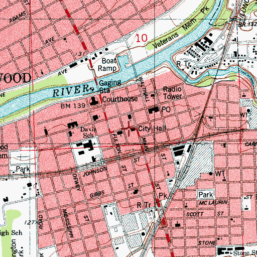 Topographic Map of Greenwood City Hall, MS