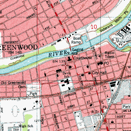 Topographic Map of Greenwood-Leflore Library, MS