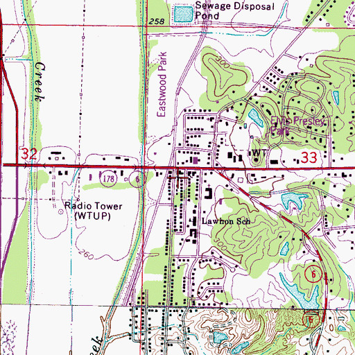 Topographic Map of Tupelo Free Will Baptist Church, MS