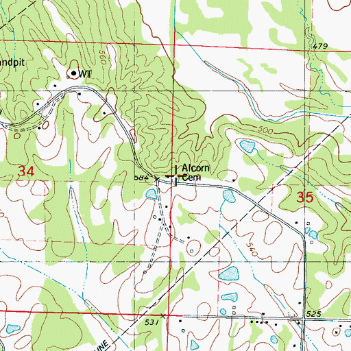 Topographic Map of Alcorn Cemetery, MS
