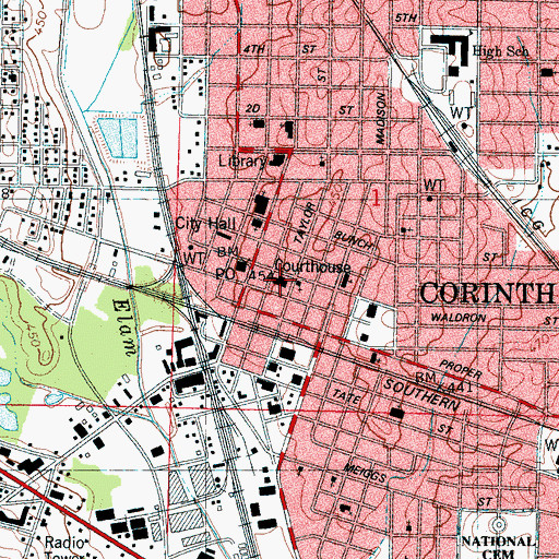 Topographic Map of Alcorn County Courthouse, MS