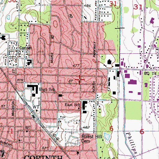 Topographic Map of East Fifth Street Missionary Baptist Church, MS