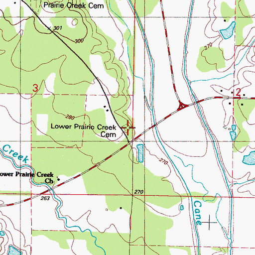 Topographic Map of Lower Prairie Creek Cemetery, MS