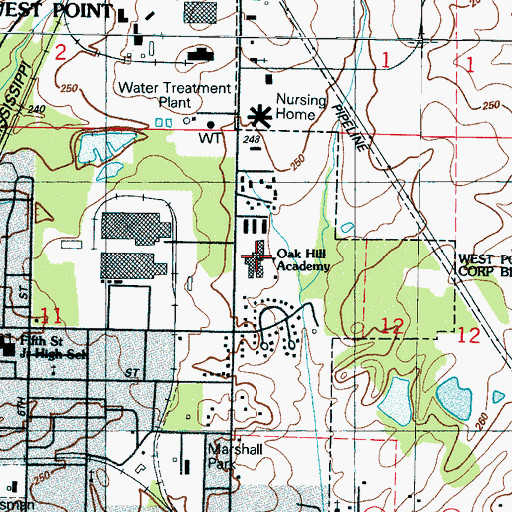 Topographic Map of Oak Hill Academy, MS
