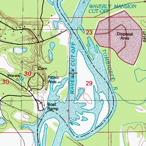 Topographic Map of Waverly Cutoff, MS