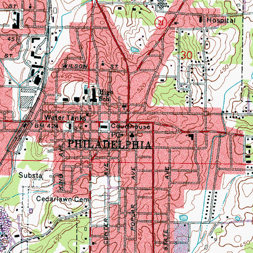 Topographic Map of Philadelphia City Hall, MS