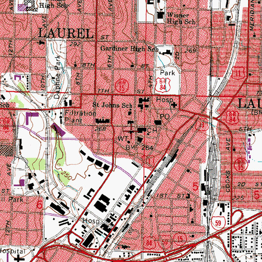 Topographic Map of First Presbyterian Church of Laurel, MS
