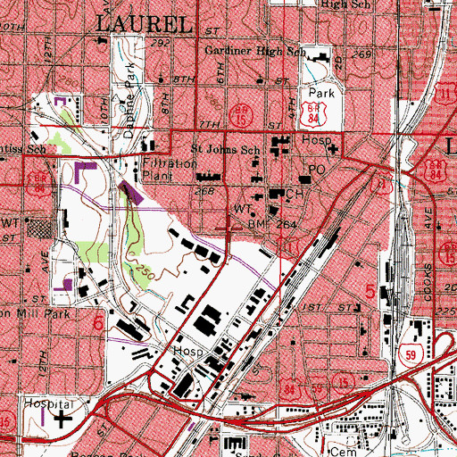 Topographic Map of Laurel-Jones County Library, MS