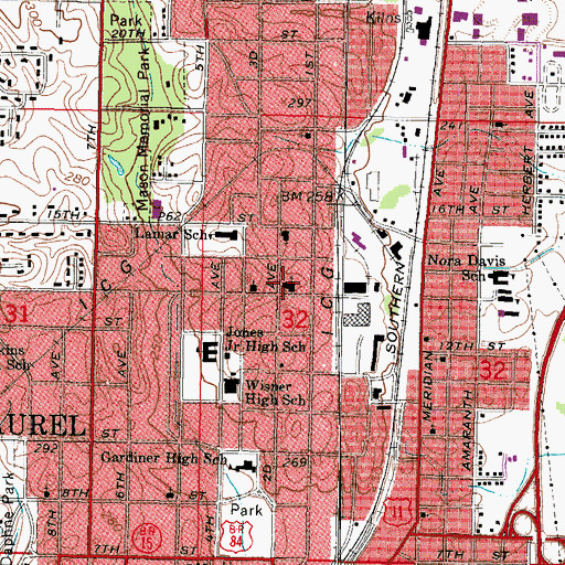 Topographic Map of Second Avenue Baptist Church, MS