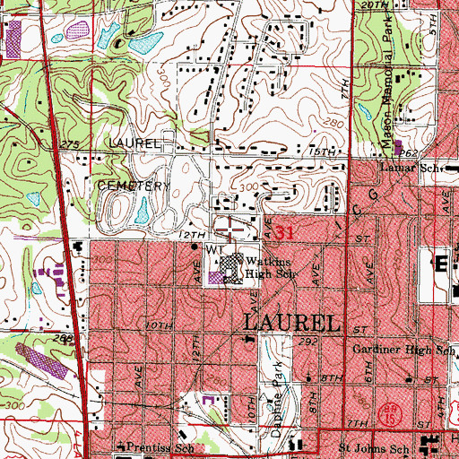 Topographic Map of Watkins Stadium, MS