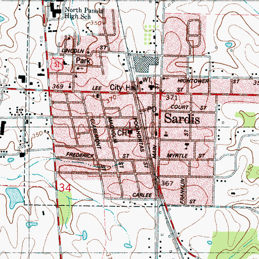 Topographic Map of Panola County Courthouse, MS