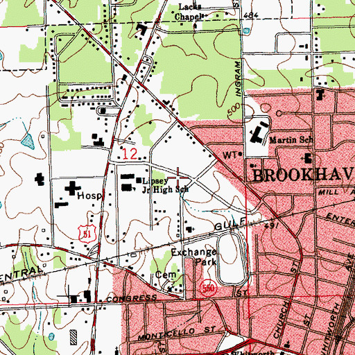 Topographic Map of Brookhaven City Park, MS
