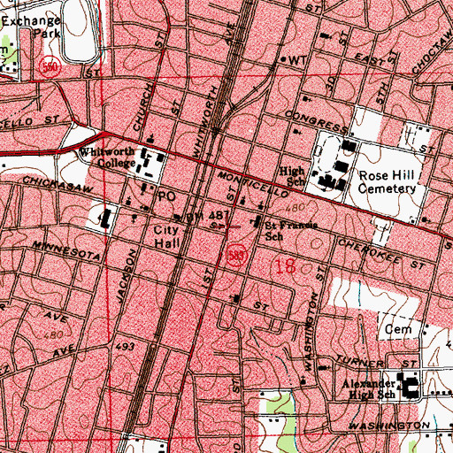 Topographic Map of Lincoln County Courthouse, MS