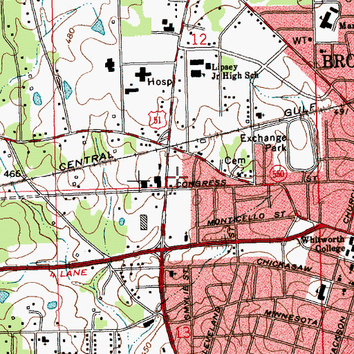Topographic Map of Lincoln Plaza Shopping Center, MS