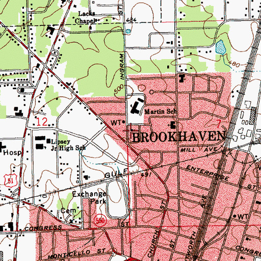 Topographic Map of Mount Wade Baptist Church, MS