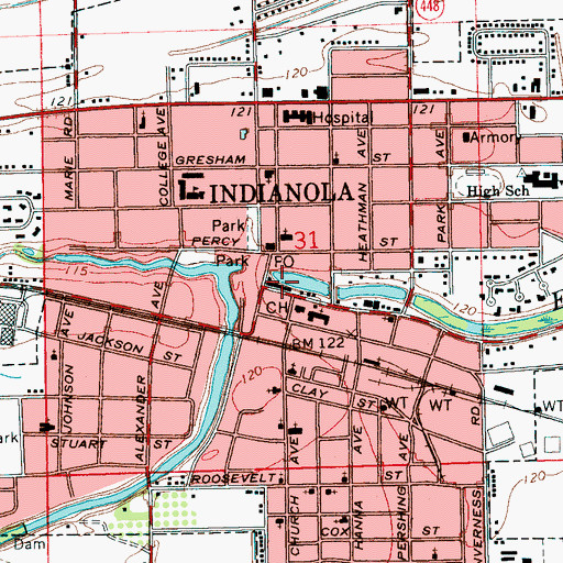 Topographic Map of Indianola City Hall, MS