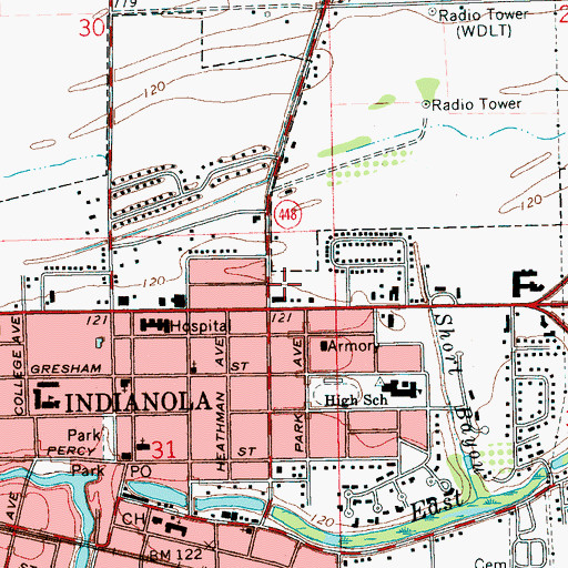 Topographic Map of Indianola Shopping Center, MS