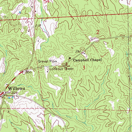 Topographic Map of Willows School (historical), MS