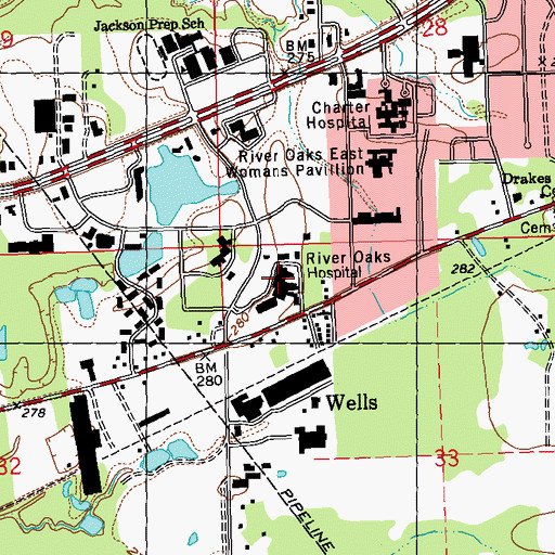 Topographic Map of River Oaks Hospital, MS