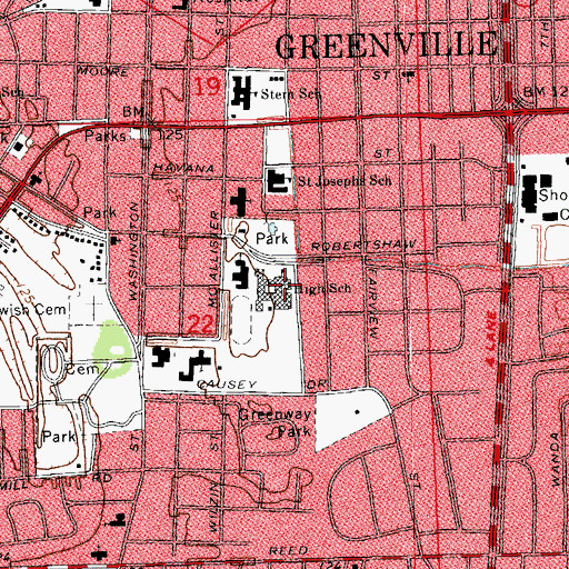Topographic Map of Greenville High School, MS