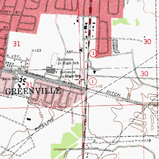 Topographic Map of Greenville Mall Shopping Center, MS