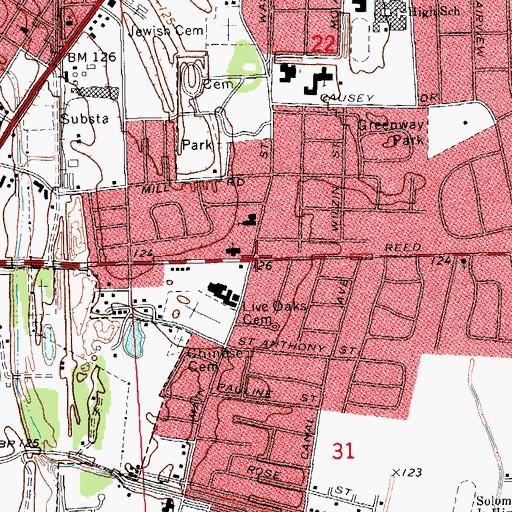 Topographic Map of Village Shopping Center, MS