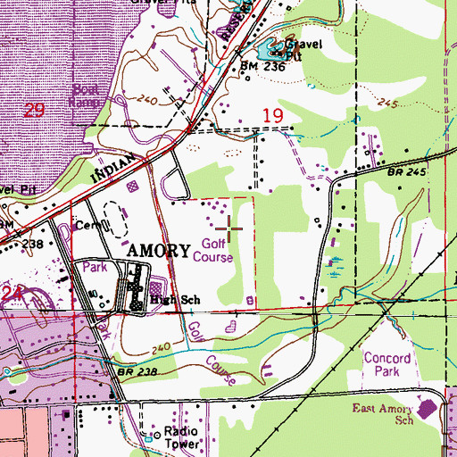 Topographic Map of Amory Golf Course, MS