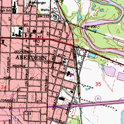 Topographic Map of Monroe County Courthouse, MS