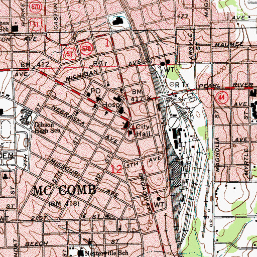 Topographic Map of McComb City Hall, MS