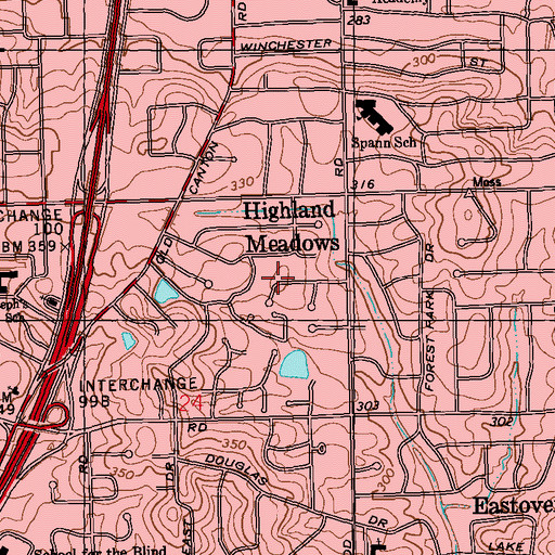 Topographic Map of Highland Meadows, MS