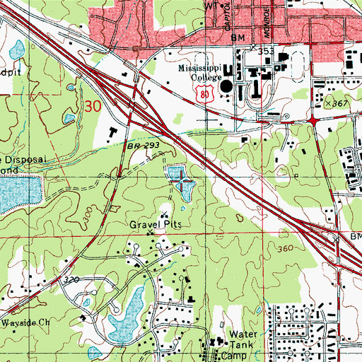 Topographic Map of Mississippi College Lake, MS